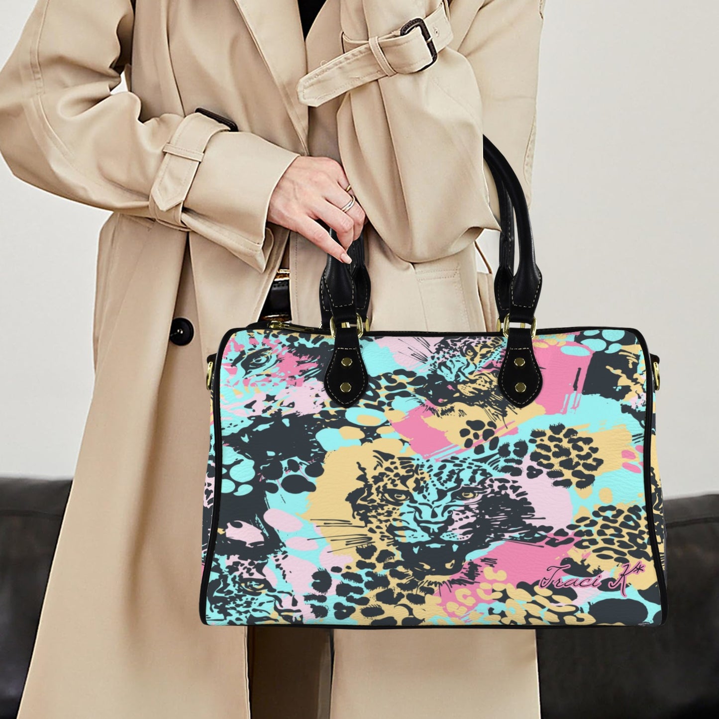 Traci K Signatured Abstract Leopard Pattern Boston Handbag Boston Leather Handbag-Large (Model 1749)