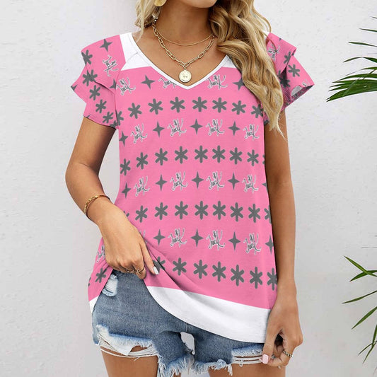 Traci K Patterned V-neck T-shirt Women's Ruffle Sleeve V-Neck T-Shirt