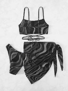 Tied Printed Three-Piece Swim Set