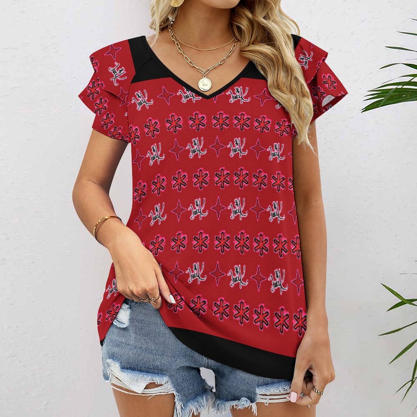 Traci K Signatured Designer V-neck T-shirt Women's Ruffle Sleeve V-Neck T-Shirt