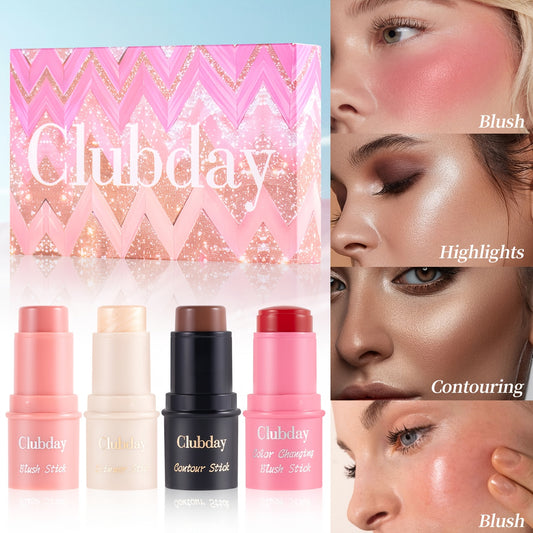 Clubday Water Jelly Makeup by Traci K Beauty Box 4pcs/set Contour Blush Stick Set for Cheeks, Face Makeup Beauty, Jelly Foundation, Eye Brightener, Pink Peach Cream Blush Kit