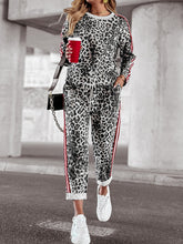 Load image into Gallery viewer, Leopard Round Neck Long Sleeve Top and Pants Set
