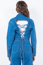 Load image into Gallery viewer, American Bazi Laced Back Cropped Denim Jacket
