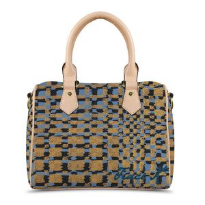 Traci K Signatured Designer Blue Brown Blocked Boston Bag Boston Leather Handbag-Khaki Handle (Model 1746)