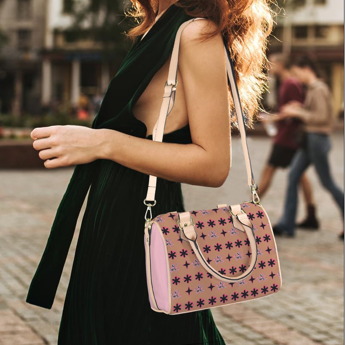 Traci K Designer Signature Bag Boston Handbag-Khaki Handle (Model 1746)( Pink