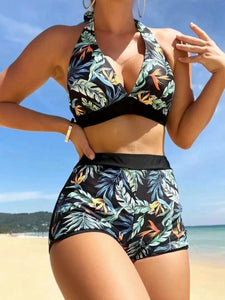 Printed Halter Neck Two-Piece Swim Set