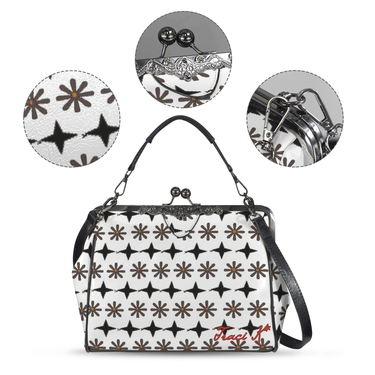 Traci K Signatured Patterned Brown / Red KissLock Bag Kisslock Crossbody Shoulder Bag (Model 1752)
