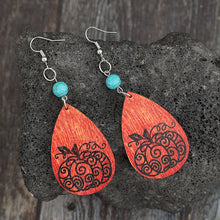 Load image into Gallery viewer, Turquoise Wooden Pumpkin Teardrop Earrings
