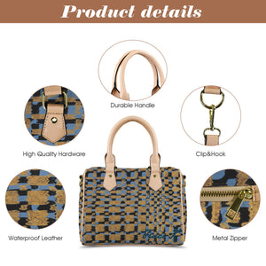 Traci K Signatured Designer Blue Brown Blocked Boston Bag Boston Leather Handbag-Khaki Handle (Model 1746)