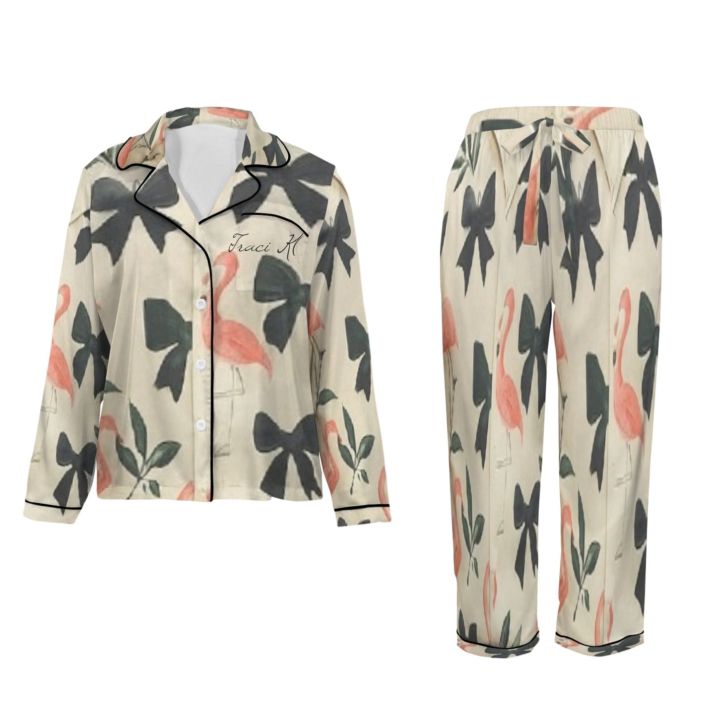 Traci K Designer Put a Bow On It PJ Satin Set 2 Women's Long Sleeve Satin Pajama Set