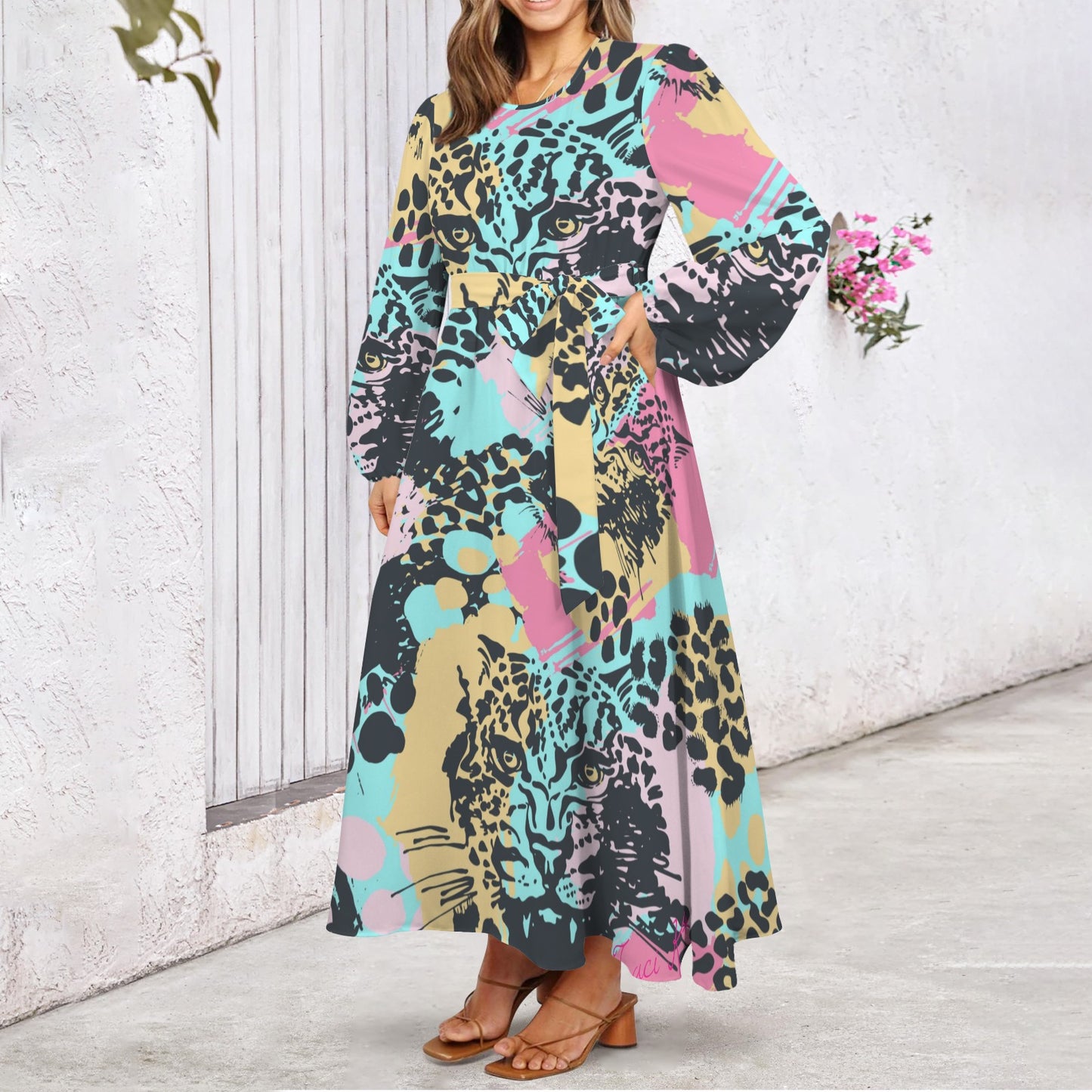 Traci K* Abstract Leopard Pattern Long Sleeve Dress Round Neck Long Sleeve Belted Maxi Dress