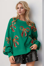 Load image into Gallery viewer, Double Take Christmas Bow Sequin Round Neck Dropped Shoulder Sweatshirt
