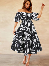 Load image into Gallery viewer, Printed Off-Shoulder Balloon Sleeve Dress
