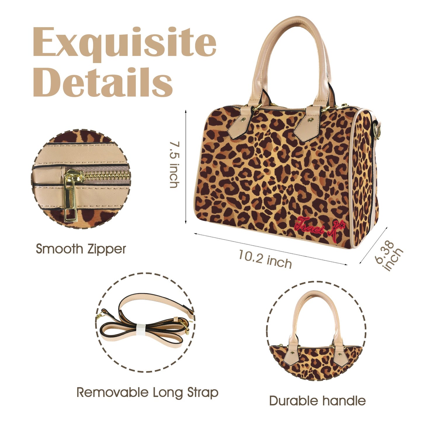 Traci K SIgnatured Designer Leopard Pattern Boston Bag Boston Leather Handbag-Small & Khaki (Model 1749)