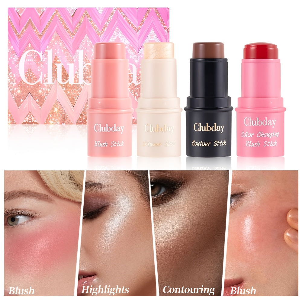 Clubday Water Jelly Makeup by Traci K Beauty Box 4pcs/set Contour Blush Stick Set for Cheeks, Face Makeup Beauty, Jelly Foundation, Eye Brightener, Pink Peach Cream Blush Kit