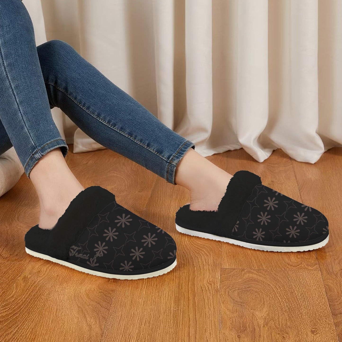 Traci K Signature Designer Womens Slippers Women's Fur Trim Thick-Sole Indoor Slippers