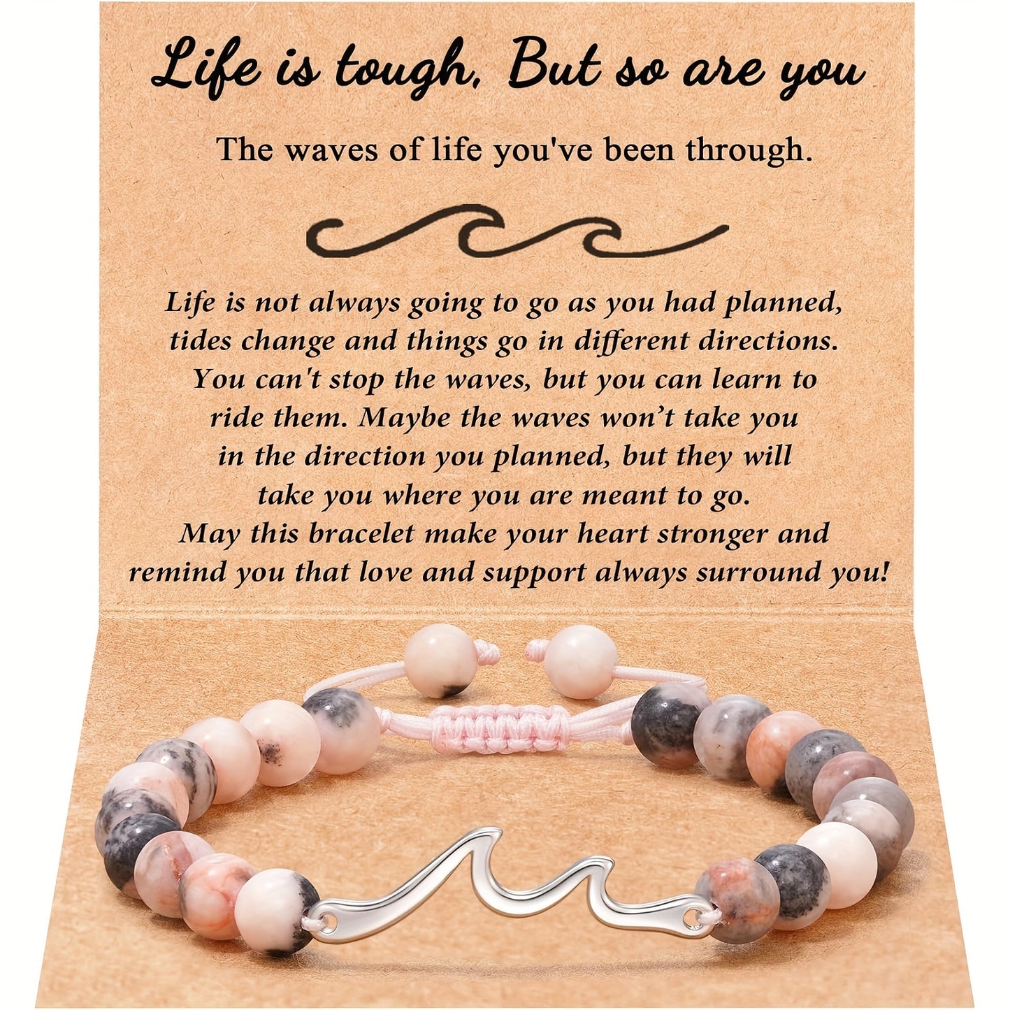 Wave Length Bracelet Inspirational Gifts For Women, Through The Waves Of Life, Life Is Tough But So Are You, A Nature Pink Zebra Stone Encouragement Bracelet Get Well Feel Better Gifts Spiritual Gifts Thoughtful Gifts For Friend