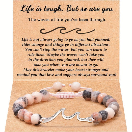 Wave Length Bracelet Inspirational Gifts For Women, Through The Waves Of Life, Life Is Tough But So Are You, A Nature Pink Zebra Stone Encouragement Bracelet Get Well Feel Better Gifts Spiritual Gifts Thoughtful Gifts For Friend