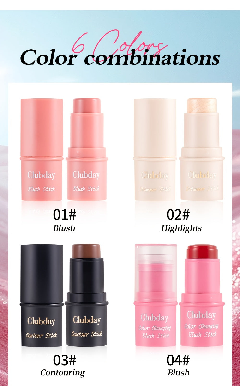 Clubday Water Jelly Makeup by Traci K Beauty Box 4pcs/set Contour Blush Stick Set for Cheeks, Face Makeup Beauty, Jelly Foundation, Eye Brightener, Pink Peach Cream Blush Kit