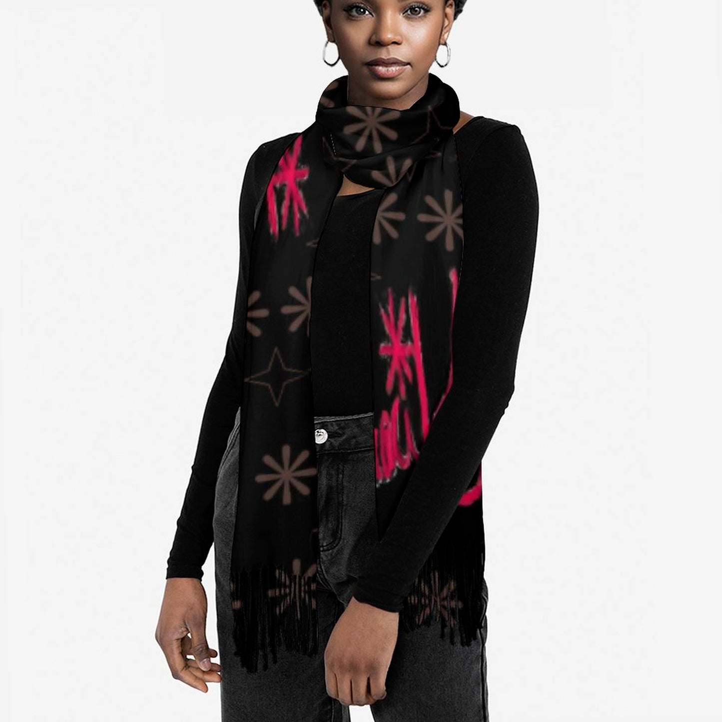 Traci K Signatured Cashmere Black/Red Tassel scarf Tassel Scarf
