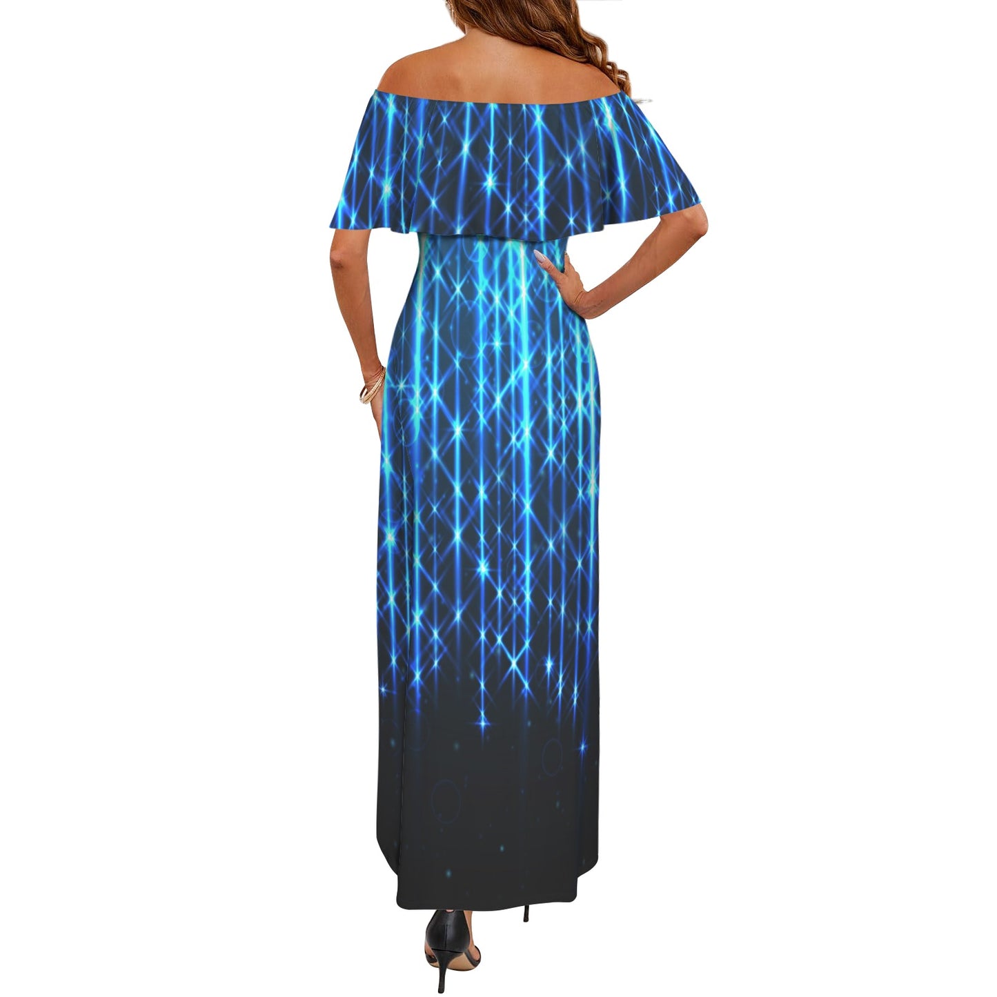 Traci K Celebration of Lights Long Ruffle Dress Women's Off Shoulder Ruffle Boat Neck Dress (Model D71)