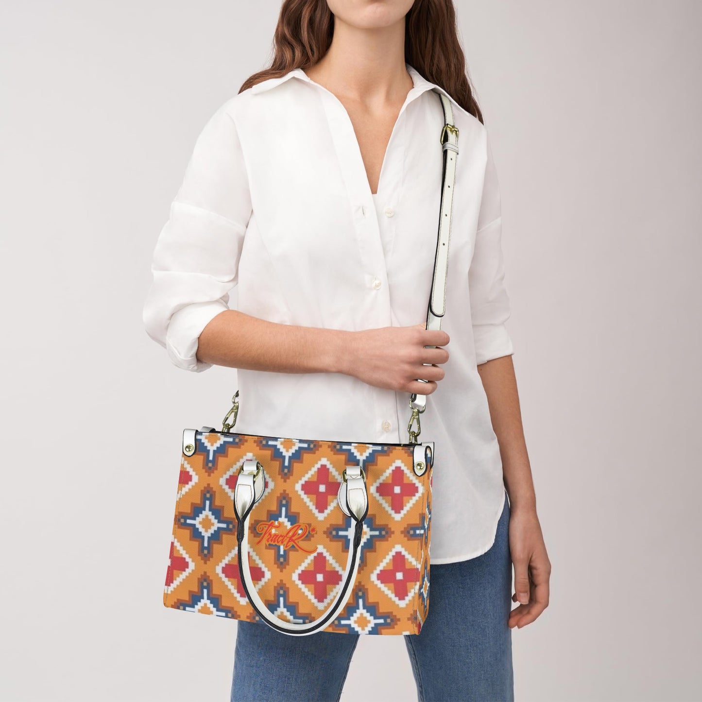 Traci K Designer Western Motif PU Leather Hand Bag White Handle (Model 1747)