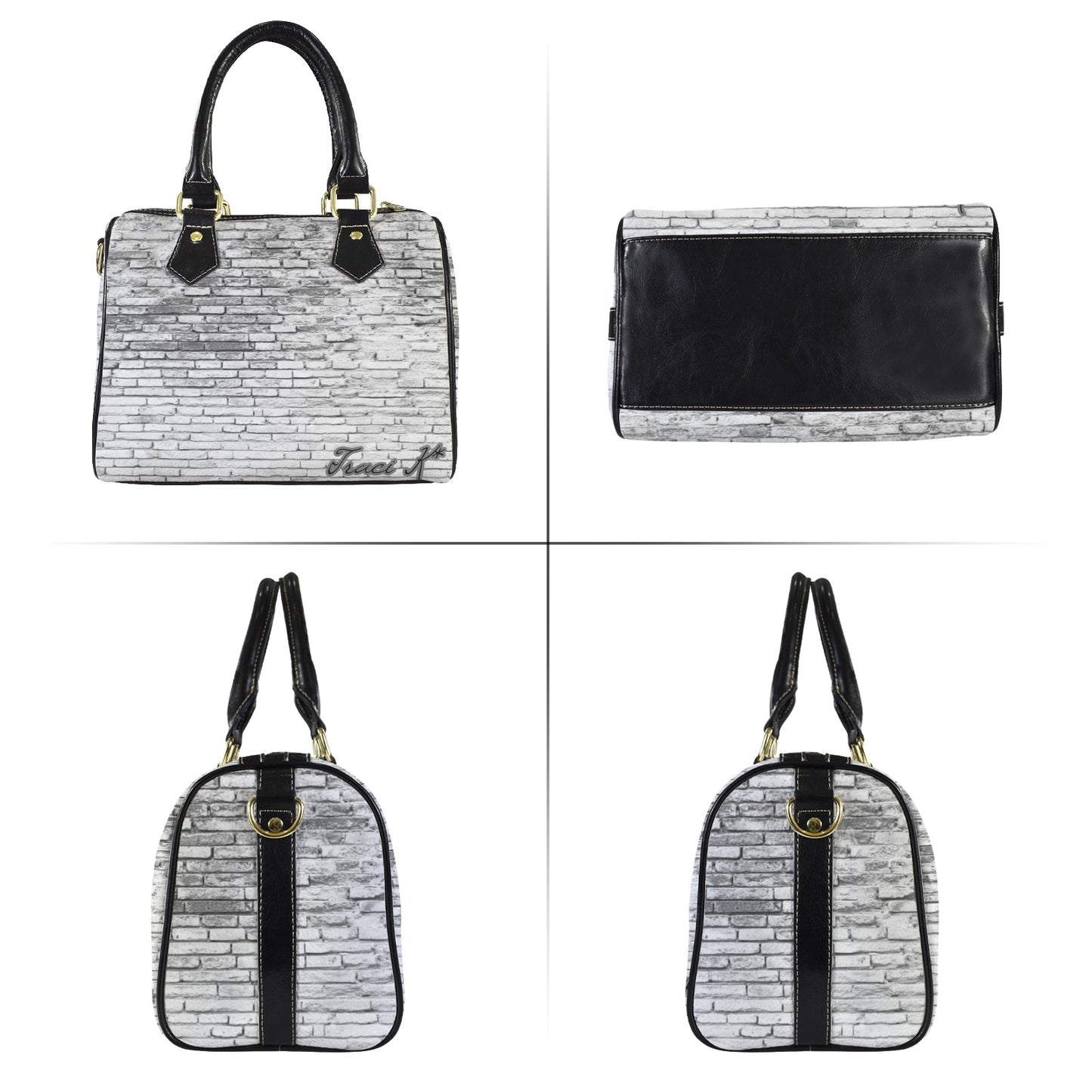 Traci K Designer Cracked Grunge Boston Bag Boston Leather Handbag-Small & Black (Model 1749)