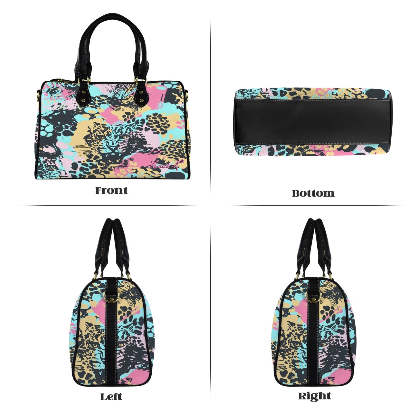 Traci K Signatured Abstract Leopard Pattern Boston Handbag Boston Leather Handbag-Large (Model 1749)