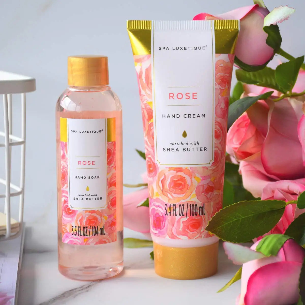 Spa Luxetique by Traci K Beauty Bath & Body Gift Set for Women, Rose Fragrance Spa Set in Weaved Gift Basket, Bath Set with Bath Salts, Body Butter