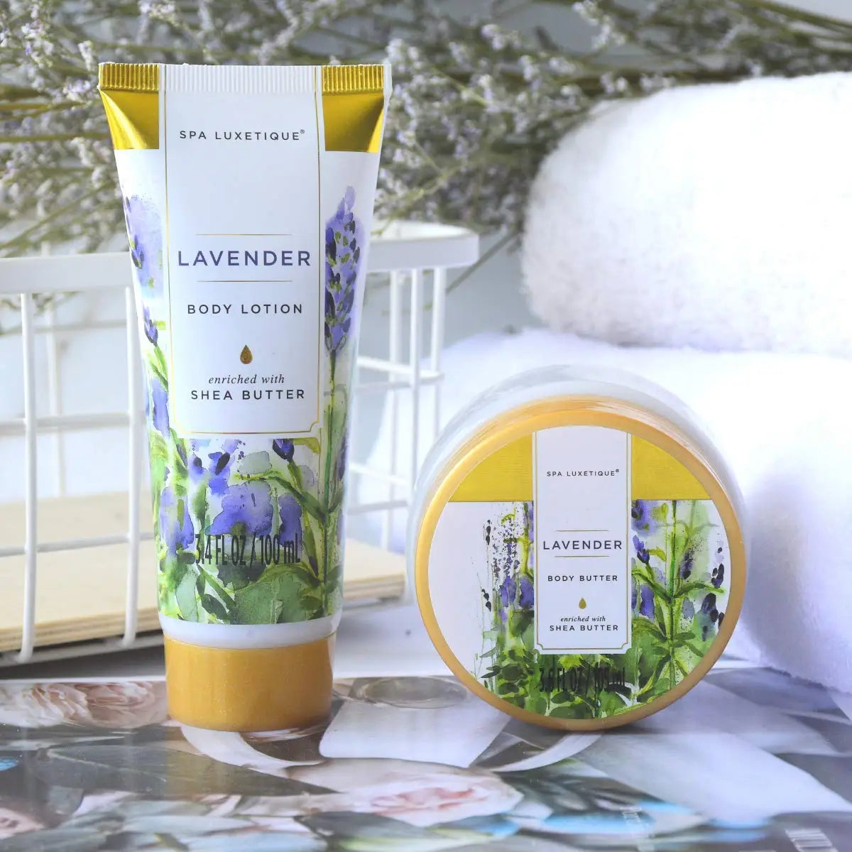 Luxury Lavender Scent Spa Gift Basket in Weaved Bag, Women Body and Bath Set with Bubble Bath, Bath Salts, Body Butter