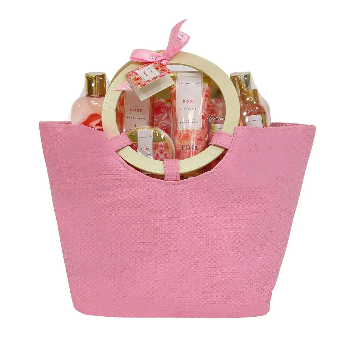 Spa Luxetique by Traci K Beauty Bath & Body Gift Set for Women, Rose Fragrance Spa Set in Weaved Gift Basket, Bath Set with Bath Salts, Body Butter