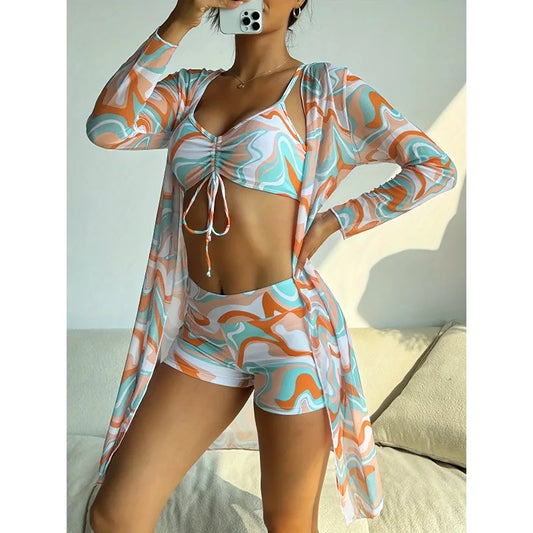 Three-piece printed drawstring bikini set, stylish high-waisted swimsuit with long-sleeved tulle blouse and kimono shirt