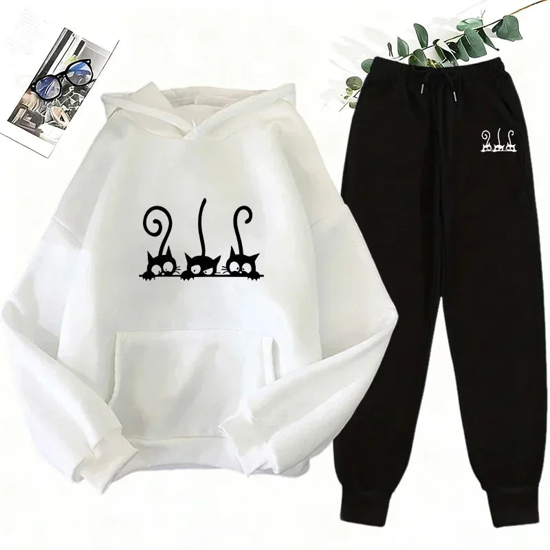 Cutie Crypto Cat Print Hoodie Sweatpants Women's Tracksuit Urban Casual Fashion Sportswear Fall Winter Home Outdoor Warm Outfits