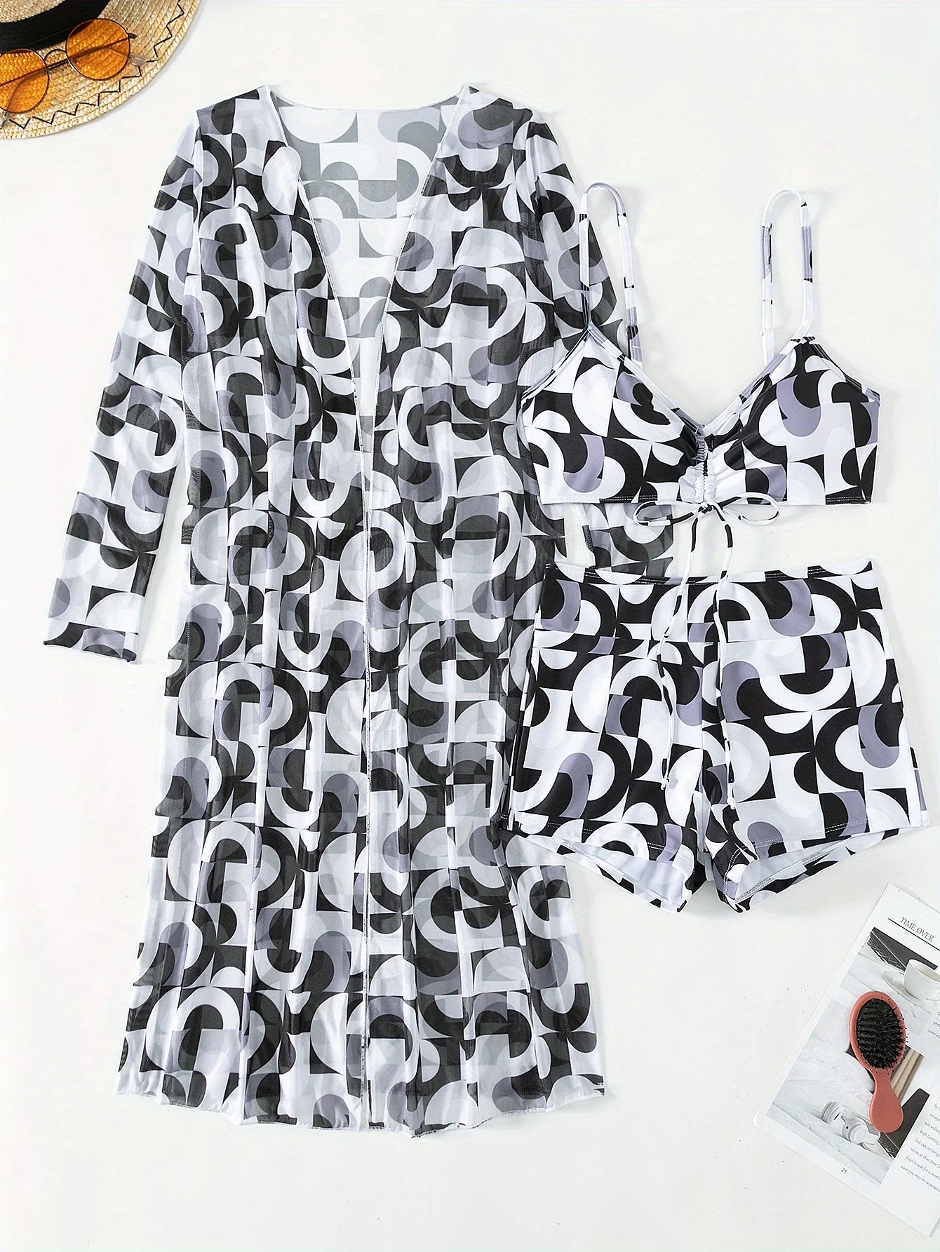 Three-piece printed drawstring bikini set, stylish high-waisted swimsuit with long-sleeved tulle blouse and kimono shirt