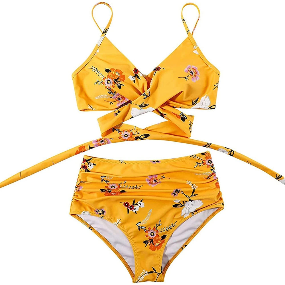 Hot 12 Colors Women Slim Bikini Sets High Waisted Sexy Swimwear 2 Pieces  Solid/Floral Ruched Brazilian Swimsuit Cross Front