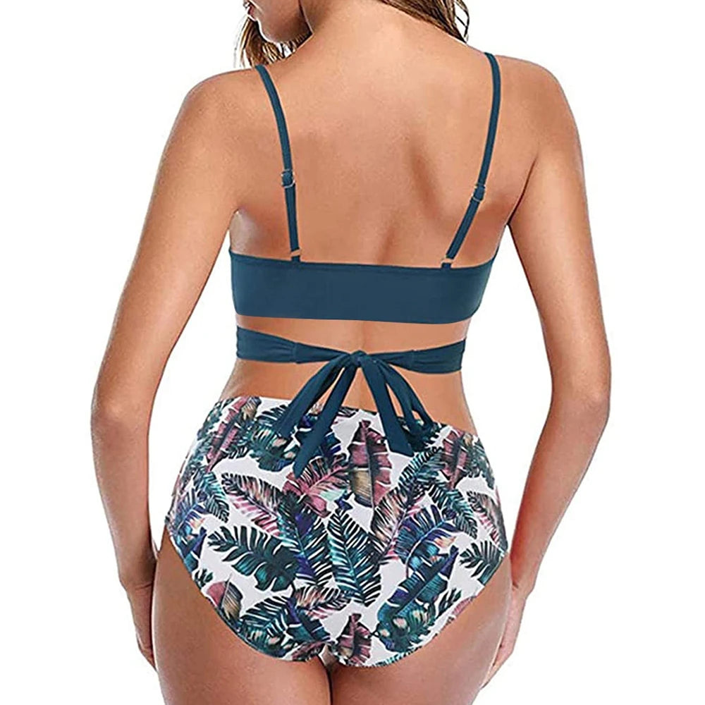 Hot 12 Colors Women Slim Bikini Sets High Waisted Sexy Swimwear 2 Pieces  Solid/Floral Ruched Brazilian Swimsuit Cross Front