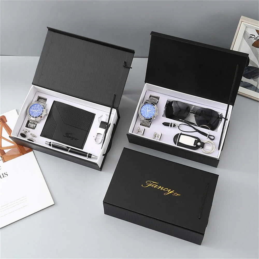 Fancy by Traci K Collection New Watch Men's Gift Set with Box Belt Wallet Set Keychain Sunglasses Cufflinks Ballpoint Pen Father's Day Gift Business Box Set