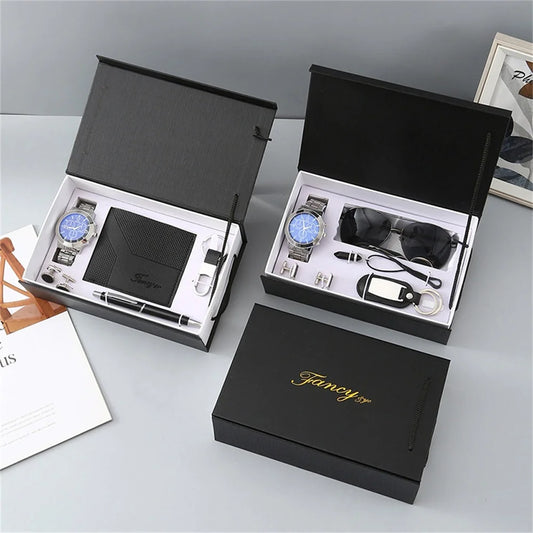 Fancy by Traci K Collection New Watch Men's Gift Set with Box Belt Wallet Set Keychain Sunglasses Cufflinks Ballpoint Pen Father's Day Gift Business Box Set