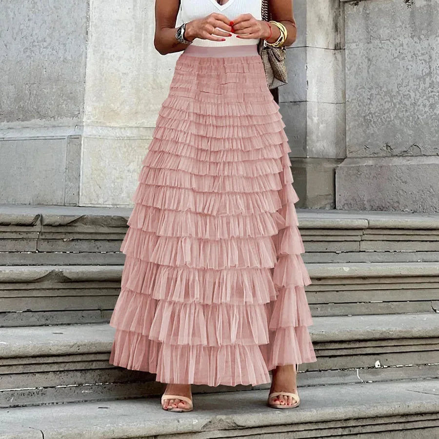 Casual Solid Women Tierred Ball Gown Skirts Tulle High Waist Pleated Long Tutu Skirt Elegant Ladies Wild Mesh Dating Maxi Skirts