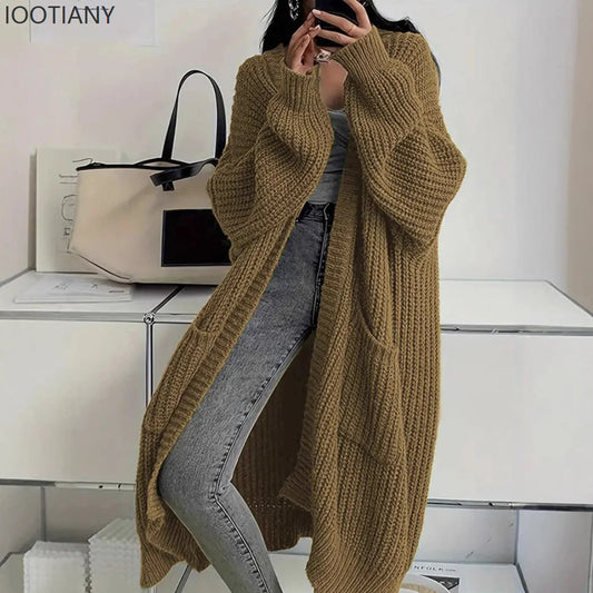 Woman's Long Knitted Casual Coat Autumn Winter Fashion Long Sleeves With Pocket Cardigan Sweater Ladies Comfort Warm Sweaters