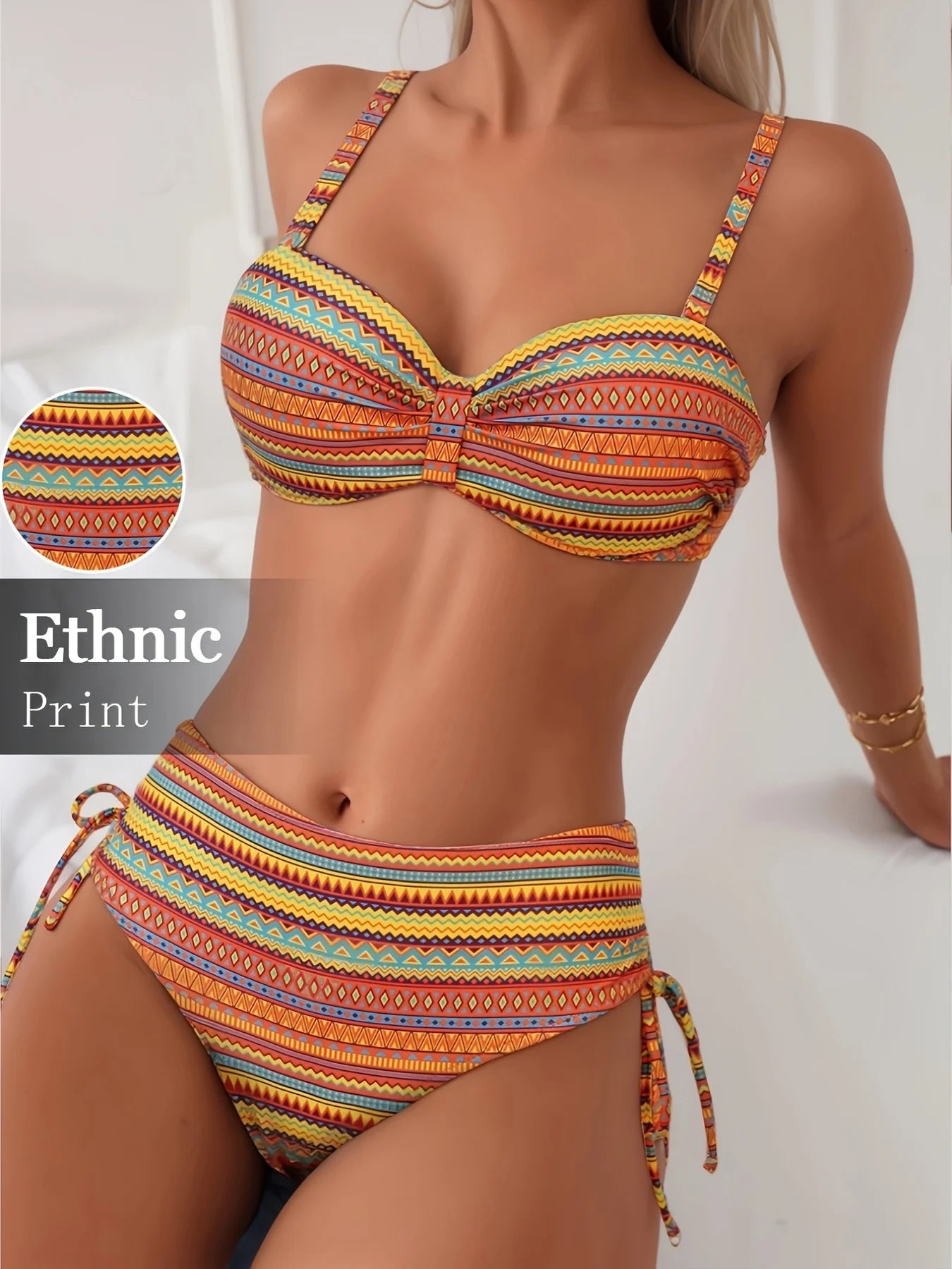 new summer orange print pants drawstring design swimsuit two-piece set