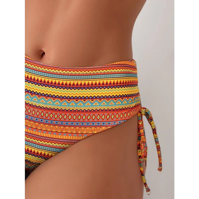 new summer orange print pants drawstring design swimsuit two-piece set