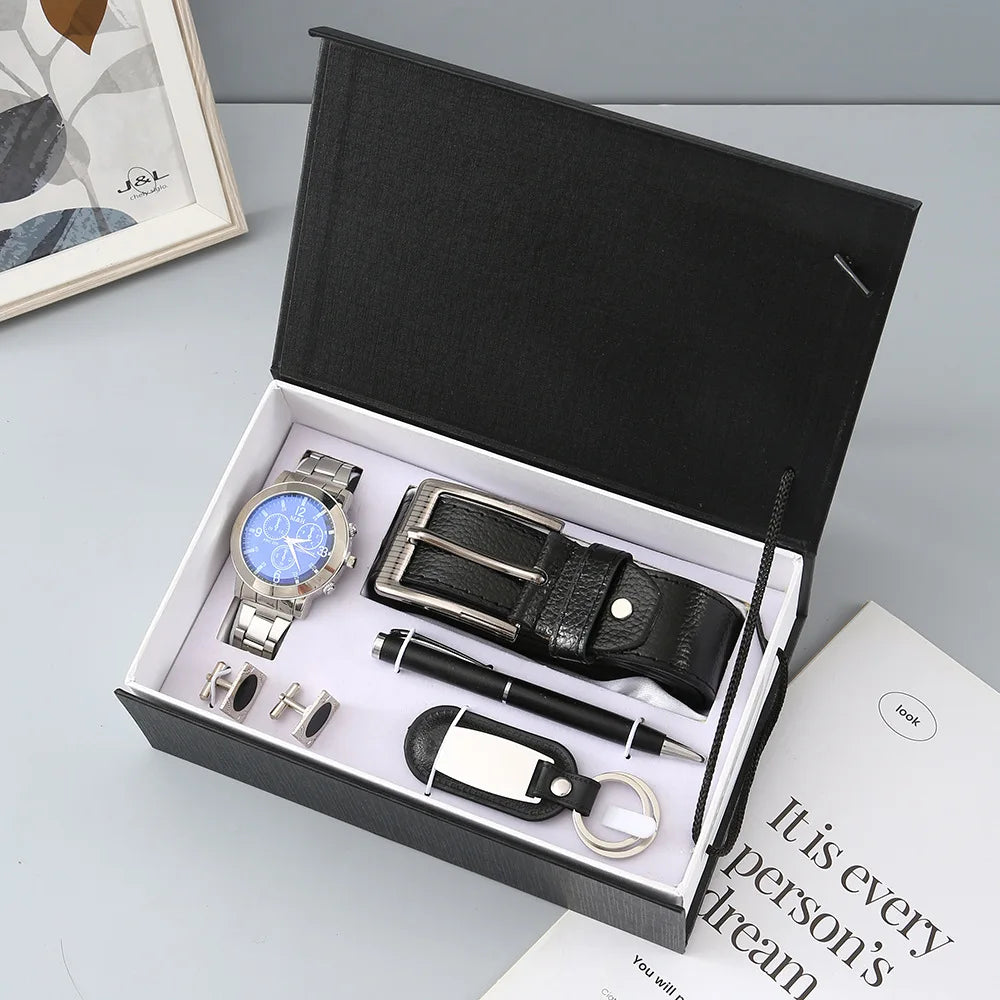 Fancy by Traci K Collection New Watch Men's Gift Set with Box Belt Wallet Set Keychain Sunglasses Cufflinks Ballpoint Pen Father's Day Gift Business Box Set