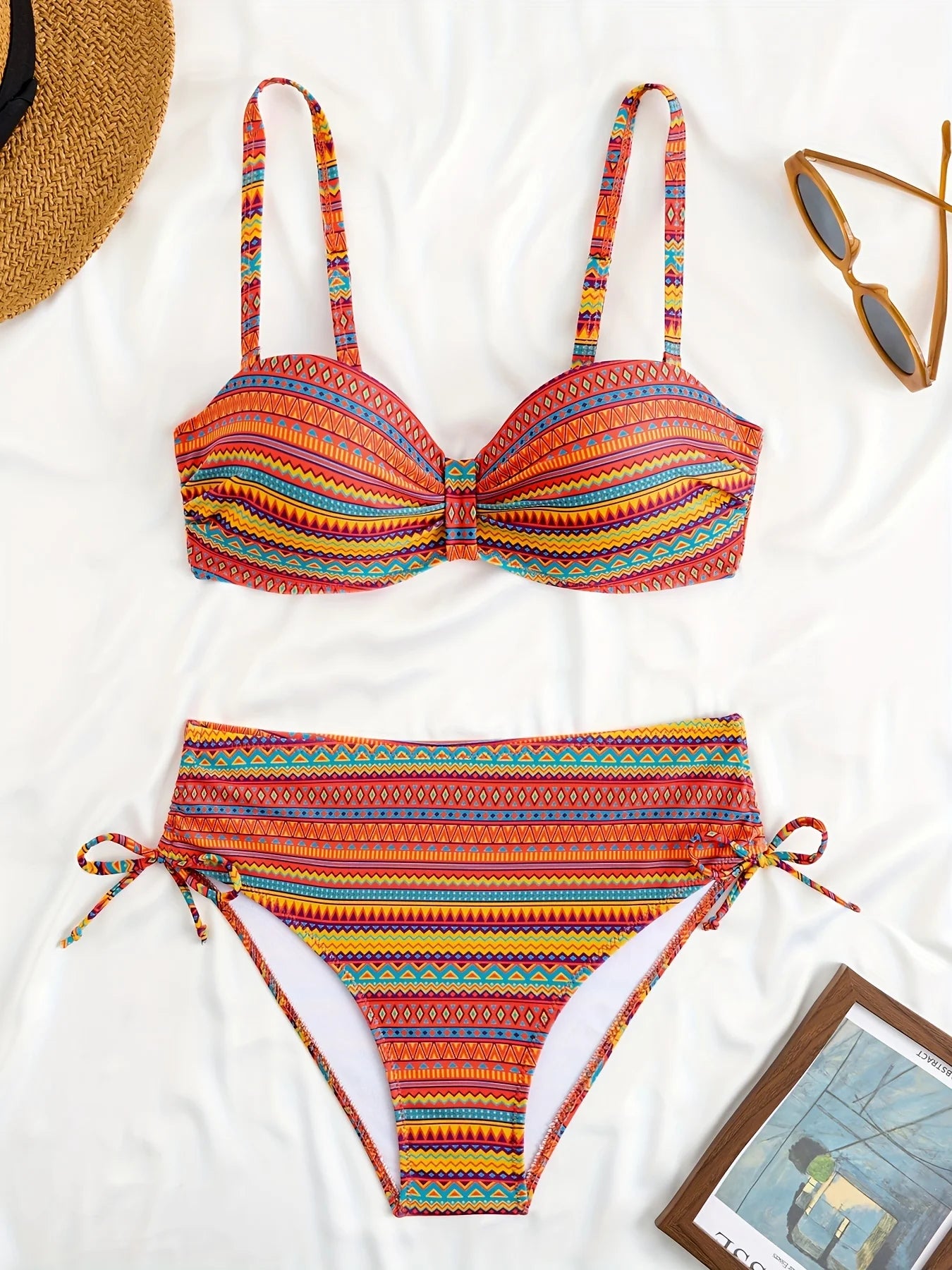 new summer orange print pants drawstring design swimsuit two-piece set