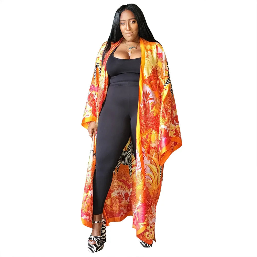 Women's Satin Open Front Cardigan Kimono Duster Sexy Beach Cover-Up Loose Long Flowy Maxi Kimonos Floral Print Cardigan
