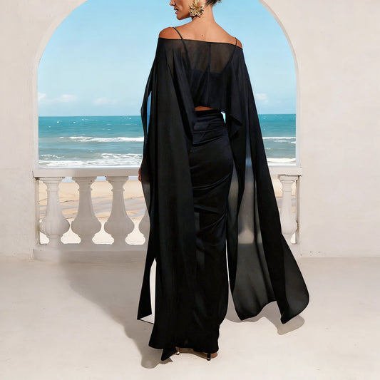 Women Chiffon Long Cape Mesh Sheer See Thru Coverup High Low Flowy Poncho Wraps Capelets Bridal Wedding Evening Party