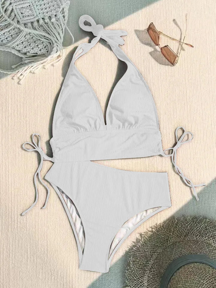 New Women's Pure Color Hanging Neck Bikini Swimsuit Separate Design Sport Fitness Swimmingwear Casual Chic Underwear
