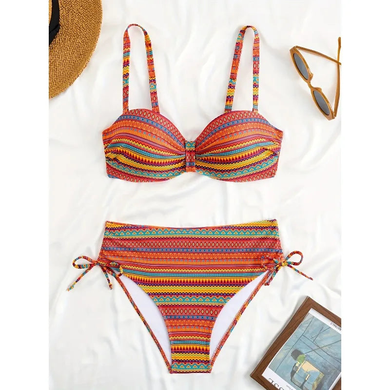 new summer orange print pants drawstring design swimsuit two-piece set