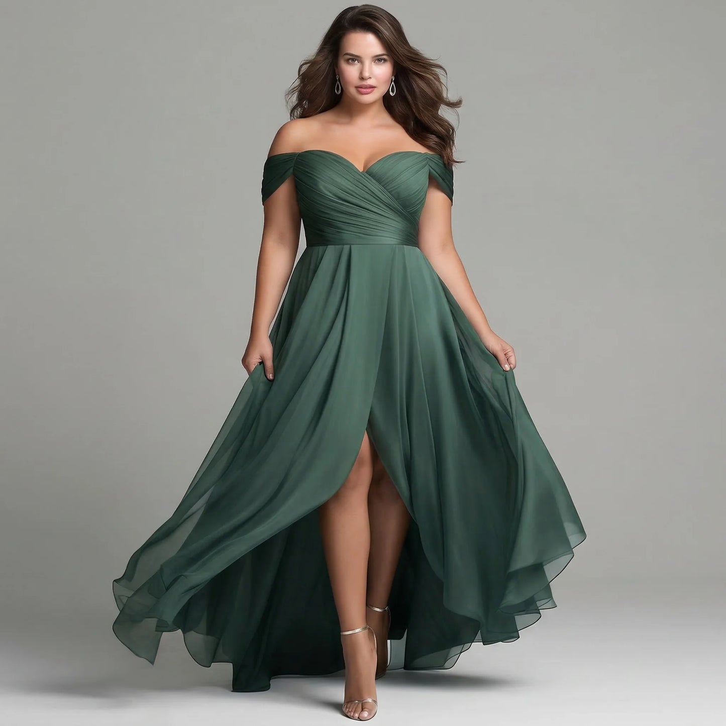 Plus Size Emerald Green Off Shoulder Maxi Dress Sweetheart Neck Ruched Bodice High Slit Chiffon Bridesmaid Evening Gown