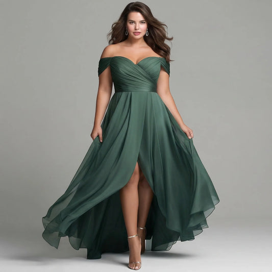 Plus Size Emerald Green Off Shoulder Maxi Dress Sweetheart Neck Ruched Bodice High Slit Chiffon Bridesmaid Evening Gown